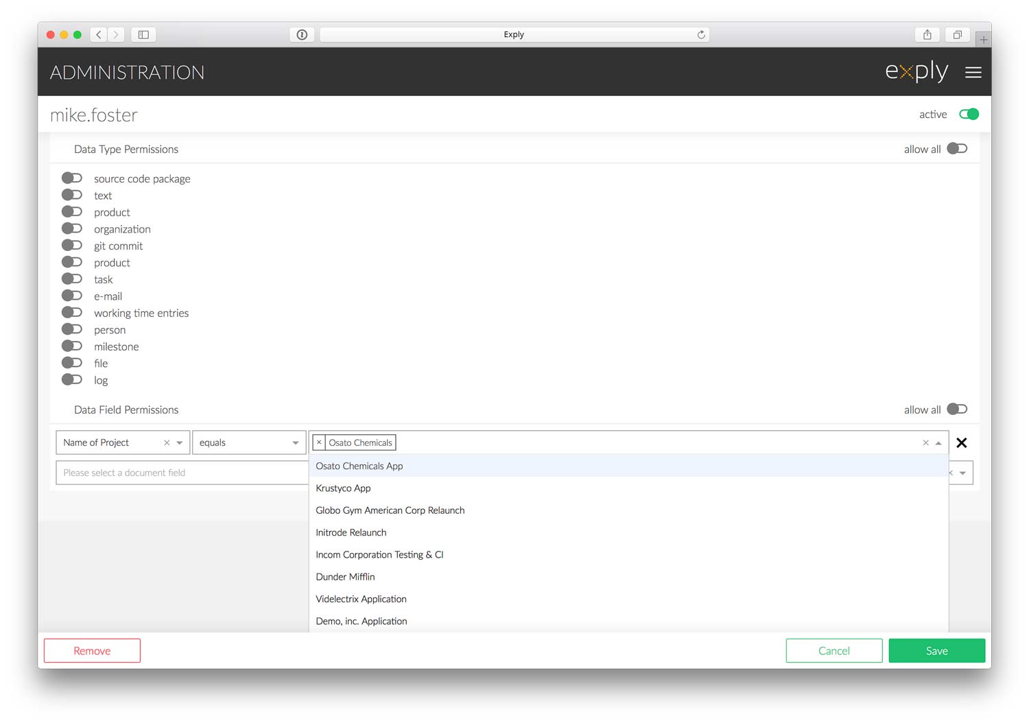 Configuring data field permissions in the user management Screen showing configuration of data field permissions in user management