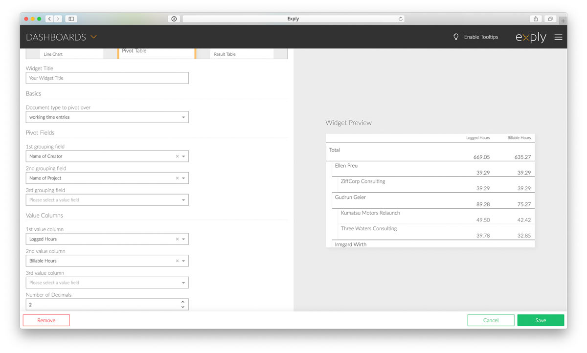 Configuration of the Exply Pivot Table Screen how to configure the Exply Pivot Table
